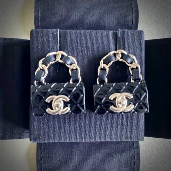 CHANEL Jewelry - CHANEL Black Bag with Gold Logo Earrings